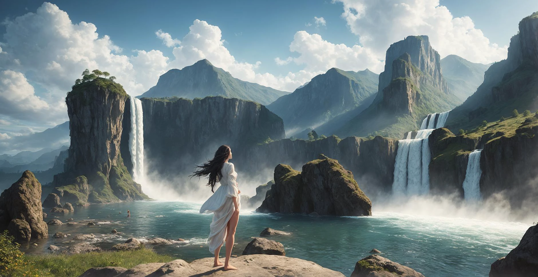 a woman in a สีขาว dress ยืน on a cliff with a waterfall in the background and a waterfall flowing from her, คลินท์ ซีร์ลีย์, มายากลการรวบรวมงานศิลปะ, ภาพวาดด้านที่มีรายละเอียด, ศิลปะแฟนตาซี,เท้าเปล่า, คลาวด์, คลาวด์y_ท้องฟ้า, ลอยตัว_ผม, ยาว_ผม, black ผม,ชาย_จุดสนใจ, ภูเขา, กลางแจ้ง, ท้องฟ้า, ตามลำพัง, ยืน, สีขาว_ผม, กว้าง_แขนเสื้อ, ลม,
เอชดีอาร์, (ภาพเหมือนจริง, คุณภาพชิ้นเอก, คุณภาพดีที่สุด),