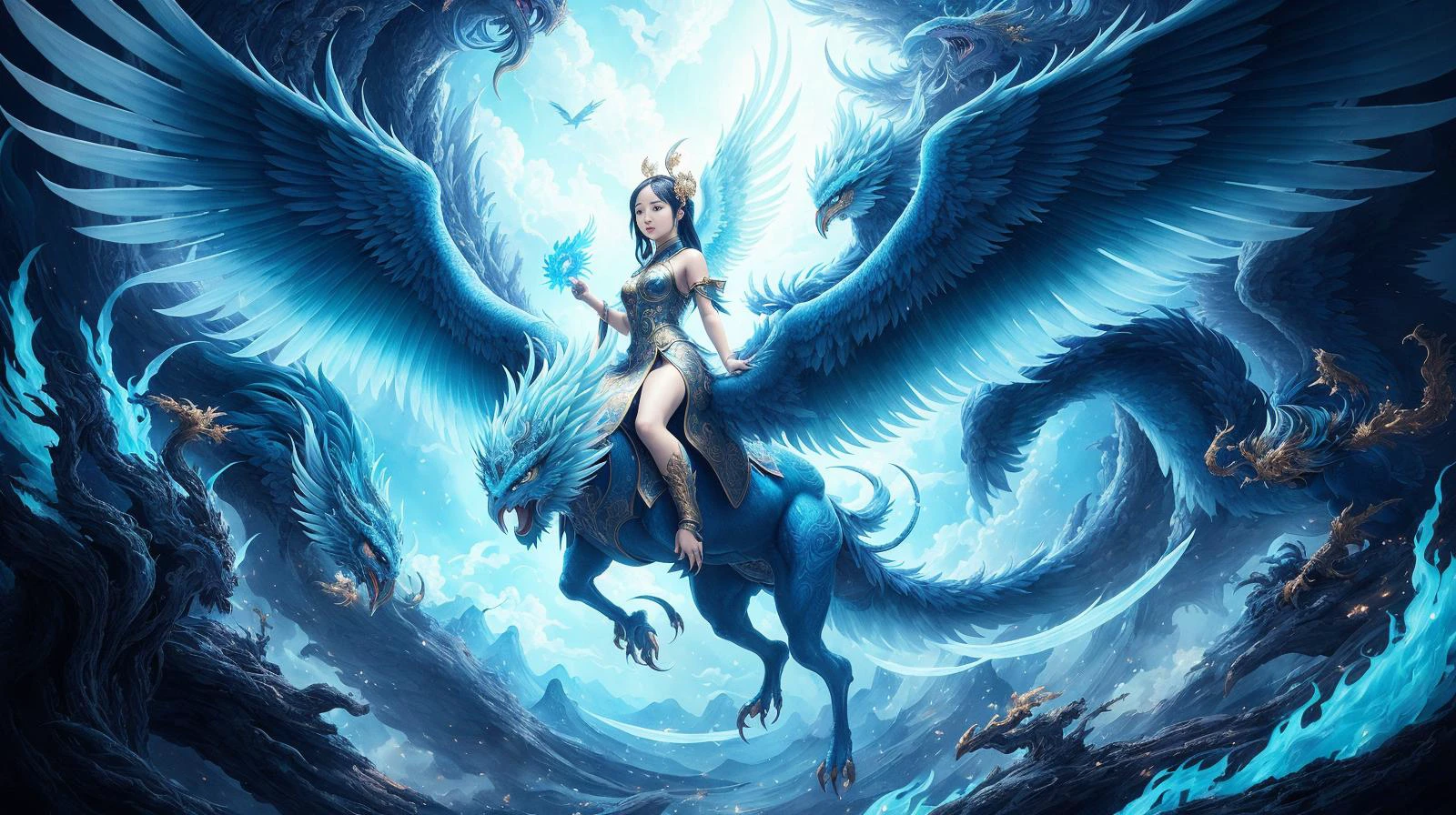 (one chinese girl on a phoenix beast),dark white and sky-blue, imaginative illustration, meticulous details, mythological references,  fresco paintings, otherworldly beings, dark white and aquamarine, high resolution,unique illustrations,dense composition, detailed painting, ultrafine detail,
hdr, (photorealism, masterpiece quality, best quality), pureerosface_v1
