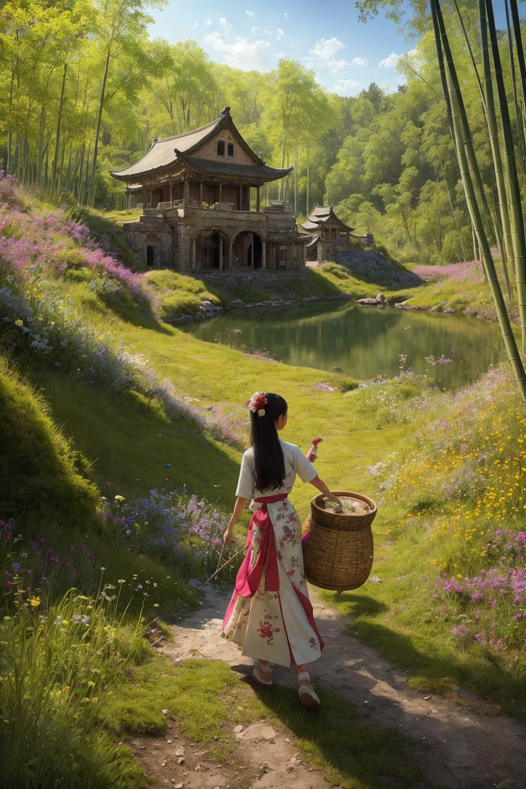 In a still image, a tranquil lake houses ancient ruins at its center, covered in wildflowers, grasses, moss, and fungi. Amidst this captivating scene, a young Chinese girl in traditional attire gathers mushrooms, her bamboo basket on her back, as butterflies flit around her, creating a sense of harmony and mystery.
hdr, (photorealism, masterpiece quality, best quality),  pureerosface_v1