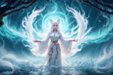 a beautiful and ethereal fox spirit dressed in a flowing white Chinese robe. The image captures the fox spirit standing graceful...