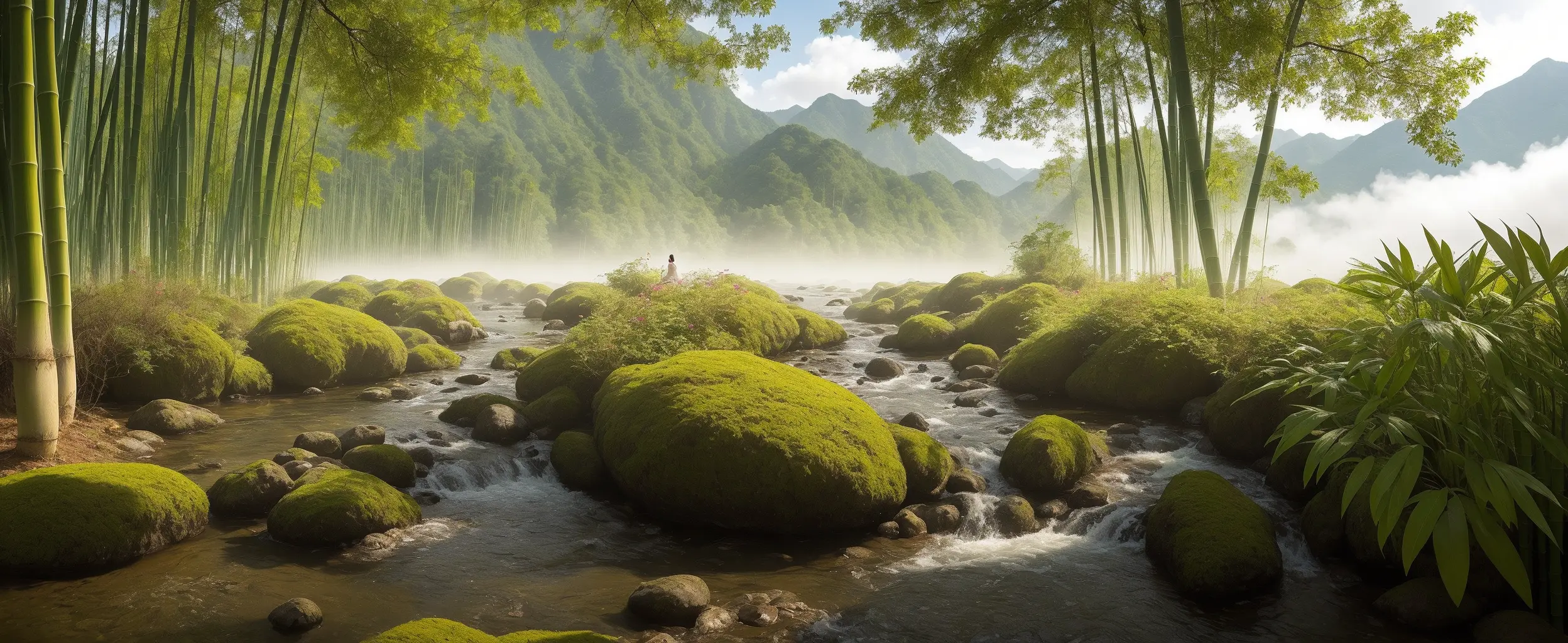 在中国雄伟的山脉中, 濃煙雲繞古, 飽經風霜的中國建築矗立在風景中, 彷彿守護著過去的秘密. 空氣中瀰漫著濃鬱的松樹香氣和靜謐的竹葉沙沙聲.

竹林之中, 一條小溪蜿蜒流下山, 柔和的水流產生舒緩的漣漪，與樹葉的沙沙聲和諧地融為一體. 滴水聲與鳥兒甜美的歌聲和昆蟲溫柔的嗡嗡聲交織在一起, 形成自然之美的交响乐.

在竹林的中心, 一位令人驚嘆的中國美女站著, 她的傳統絲綢連身裙在微風中輕輕飄動. 她曼妙的身姿, 容光焕发、迷人, 增添了田園詩般的環境. 她以平靜的表情凝視著荒野, 彷彿在寧靜的環境中陷入沉思.

風景是一種安靜的默想, 崎嶇山脈中的寧靜天堂, 自然之美受到頌揚和崇敬的地方.
高動態範圍, (照片寫實主義, 杰作品质, 最好的品質),