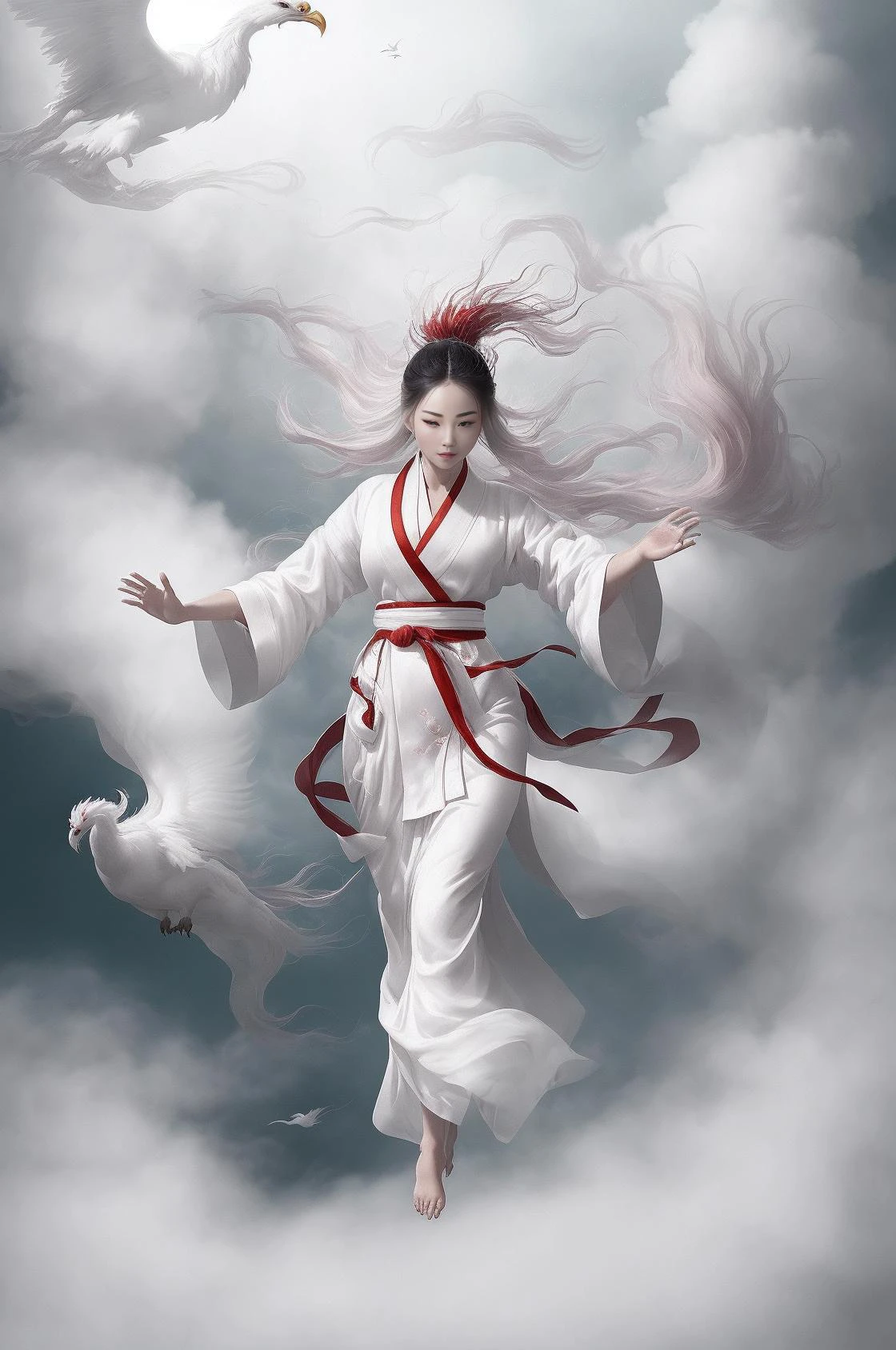 1 girl,(white Chinese robe),
In a captivating scene, a beautiful woman adorned in a flowing white Chinese robe soars through the misty clouds on the back of a majestic Chinese phoenix. The wind gently lifts her robe, accentuating the sense of flight as they gracefully navigate the ethereal cloudscape.
