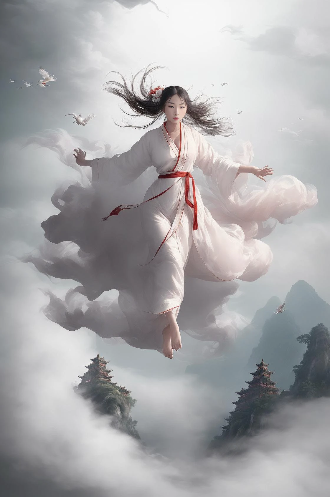 1 girl,(white Chinese robe),
In a captivating scene, a beautiful woman adorned in a flowing white Chinese robe soars through the misty clouds on the back of a majestic Chinese phoenix. The wind gently lifts her robe, accentuating the sense of flight as they gracefully navigate the ethereal cloudscape.