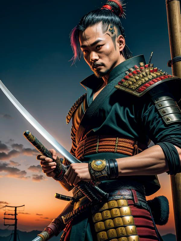 Nur 1 Samurai,Cyberpunk-Hintergrund, 1 Samurai-Schwert,
 Meisterwerk,beste Qualität,Extrem detailliert, HDR,