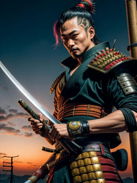 1 Samurai solo,cyberpunk background, 1 samurai sword,
 masterpiece,best quality,ultra detailed, hdr,