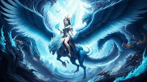 (one chinese girl on a phoenix beast),dark white and sky-blue, imaginative illustration, meticulous details, mythological refere...