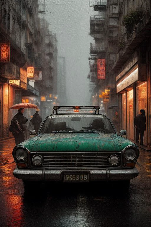 шедевр, Лучшее качество, транспортное средство,Улица,(киберпанк:1.3),дождь,