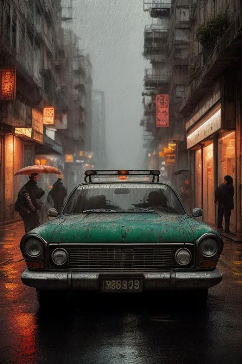 masterpiece, best quality, vehicle,street,(syberpunk:1.3),rain,