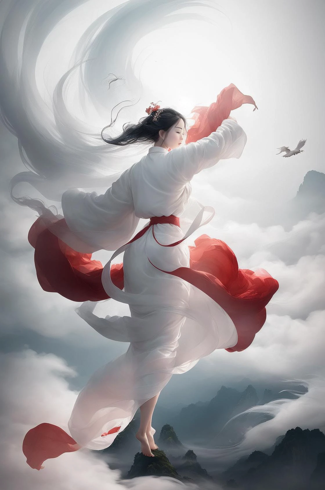 ผู้หญิง 1 คน,(ชุดจีนสีขาว),
ในฉากที่น่าจับตามอง, a beautiful woman adorned in a flowing ชุดจีนสีขาว soars through the misty clouds on the back of a majestic Chinese phoenix. ลมพัดเสื้อคลุมของเธอออกอย่างแผ่วเบา, เน้นความรู้สึกของการบินขณะที่พวกเขาสํารวจทิวทัศน์เมฆที่ไม่มีตัวตนอย่างสง่างาม.
