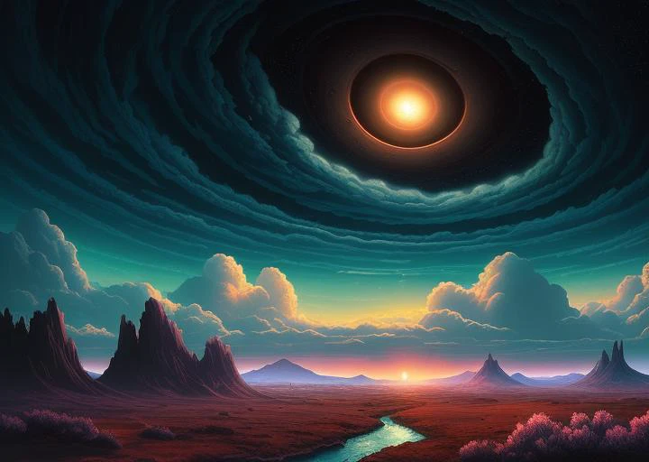 丹·芒福德 (Dan Mumford) 绘制的木星云层插图, 外星景观和植被, 史诗场景, 大量漩涡云, 高曝光率, 非常详细, 实际的, 鲜艳的蓝色, 超高清