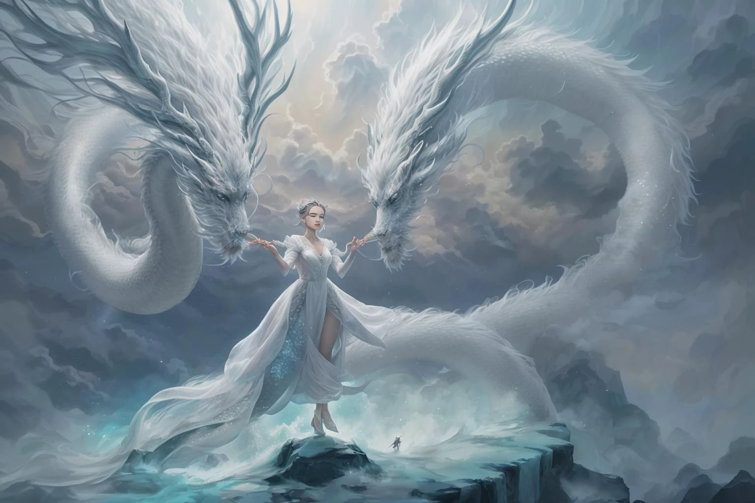 In a captivating image, an elegant woman clad in a white Chinese gown glides through the sky atop a mythical Chinese dragon. As they traverse the heavens, her flowing gown and the dragon's iridescent scales create a mesmerizing vision of harmony and otherworldly beauty. 
hdr, (photorealism, masterpiece quality, best quality), , pureerosface_v1,ulzzang-6500-v1.1,