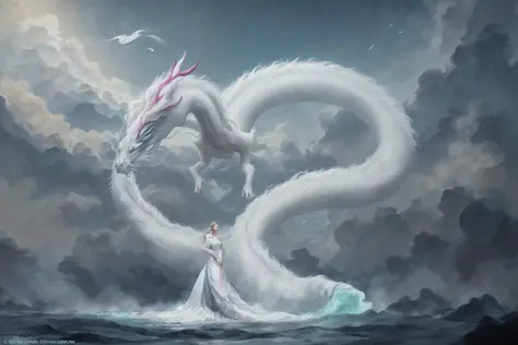 In a captivating image, an elegant woman clad in a white Chinese gown glides through the sky atop a mythical Chinese dragon. As ...