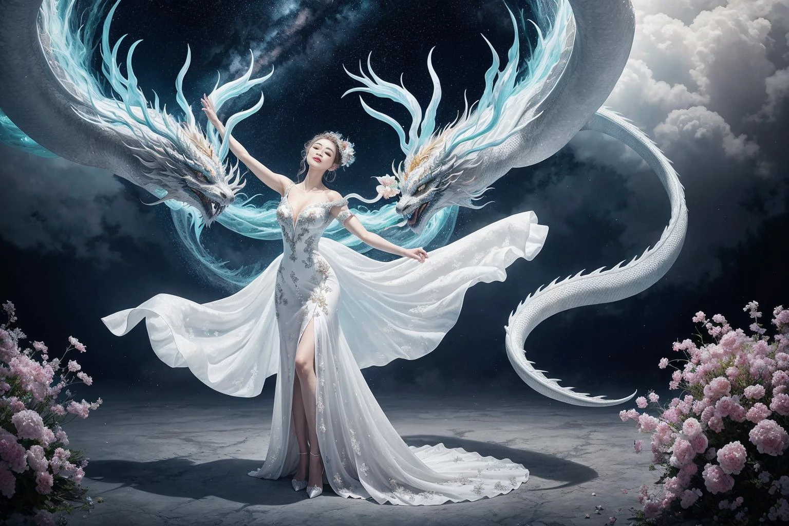 Dans une image captivante, une femme élégante vêtue d&#39;une robe chinoise blanche glisse dans le ciel au sommet d&#39;un dragon chinois mythique. Alors qu&#39;ils traversent les cieux, sa robe fluide et les écailles irisées du dragon créent une vision fascinante d&#39;harmonie et de beauté surnaturelle.
hdr, (photoréalisme, qualité de chef-d&#39;œuvre, meilleure qualité), pureerosface_v1,ulzzang-6500-v1.1