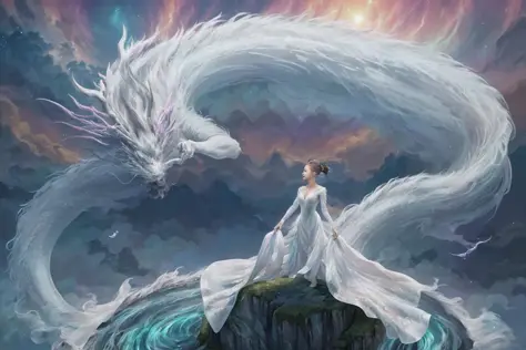 In a captivating image, an elegant woman clad in a white Chinese gown glides through the sky atop a mythical Chinese dragon. As ...