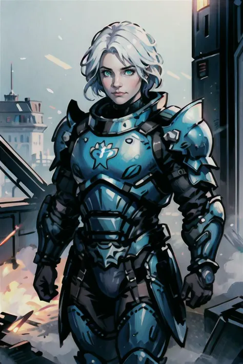 a woman in armor standing in front of a city