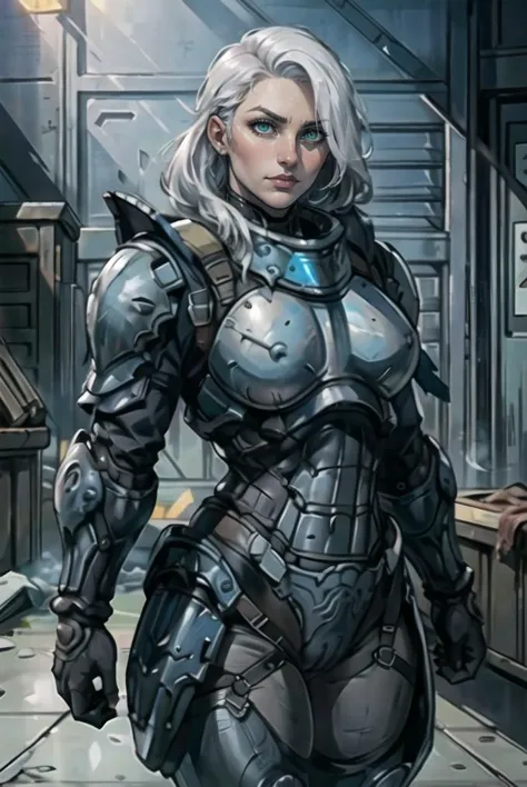 a woman in a futuristic suit standing in a hallway