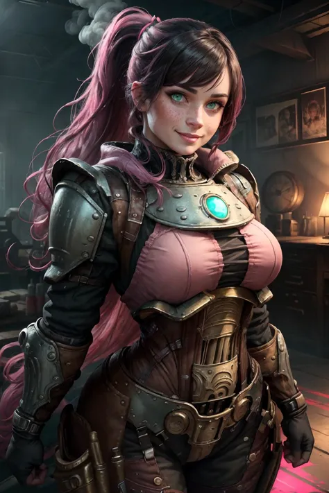 highres, masterpiece, perfect lighting, bloom, cinematic lighting, adult, female, looking at viewer, dynamic pose, (RSEEmma:1.5),<lora:RSERomantic_RSESofiko_RSEEmma-v1:0.3>, pink steampunkai edgHalo_armor, pink steampunkai power armor, wearing pink steampunkai edgHalo_armor, vivid green eyes, thick eyebrows, freckles, bangs, black hair:pink hair, long flowing hair, ponytail, :), smile, <lora:edgHaloArmors:1> <lyco:PunkBundleAI:0.4>