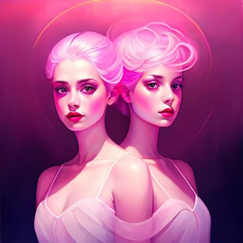 two women with pink hair and pink makeup are standing in front of a pink background