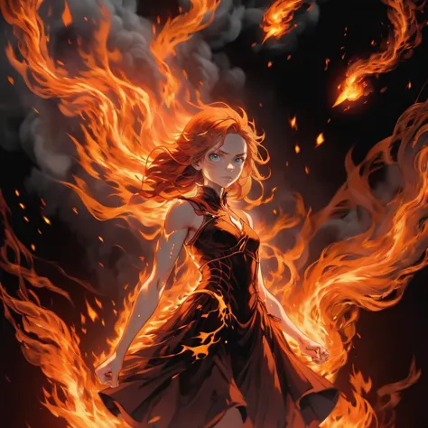 a woman in a dress is standing in front of a fire