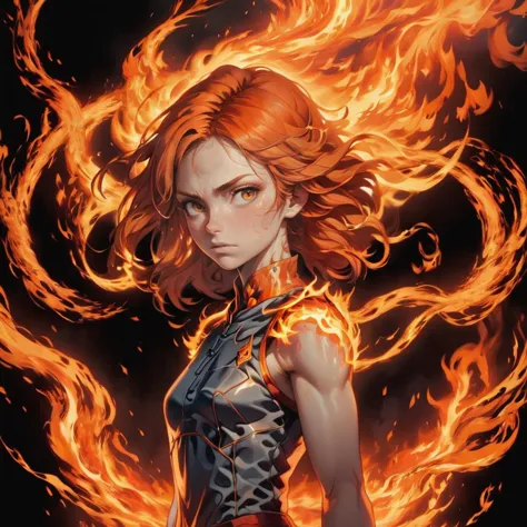 a woman with red hair and a black top is surrounded by flames