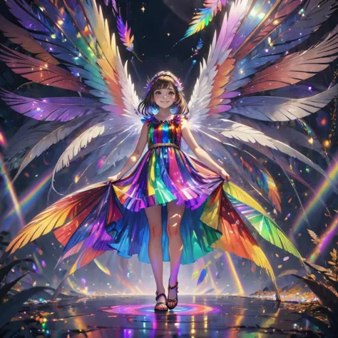 A girl was wearing a colorful dress with colorful patterns and lines. Behind her is a pair of super large colorful wings, each o...
