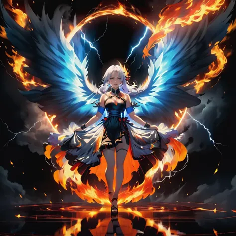 (Masterpiece, high quality, best quality, official art, beauty and aesthetics:1.2),(fire element:1.1),composed of fire elements,(1girl:1.2),(burning:1.2),((((((a girl was surrounded by a circle of fire with half flame and half lightning)))))),(transparency:1.2),fire,(molten rock),(composed of elements of thunder),flame skin,flame print,fiery hair,smoke,cloud,ukl,cleavage,a girl wrapped in flames soaring flames radiating sparks,perfect face,the perfect hand,white hair,thunder,electricity,big butterfly wings,