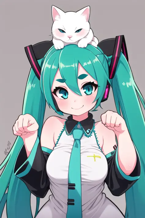 (best quality, masterpiece), detailed,1girl, solo,looking at viewer,simple background,    curvy, upper body,   paw pose, cat  on head, medium breasts, 
standing ,smile ,detailed eyes ,  detailed  face, adorable face , cute, hatsune miku, log eyelashes, thi...