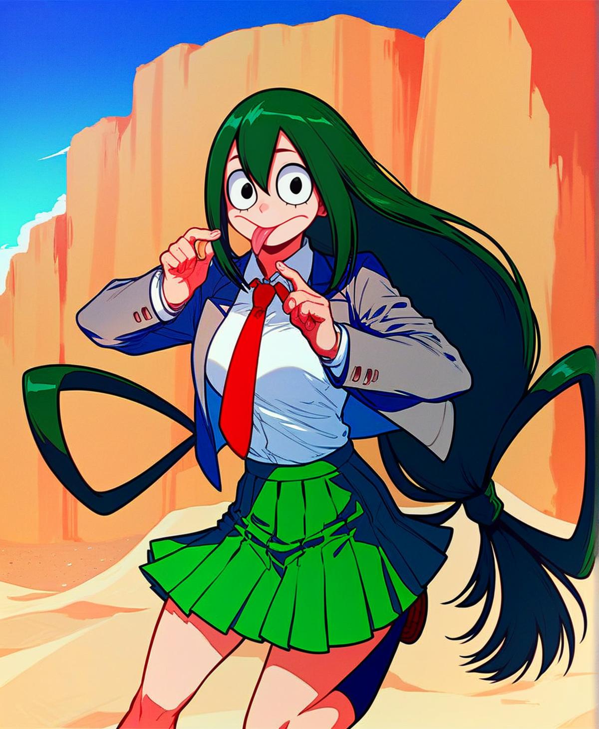 Anime girl in a green skirt and a red tie - SeaArt AI