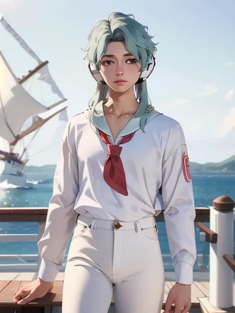 anime girl with blue hair and white pants standing on a deck