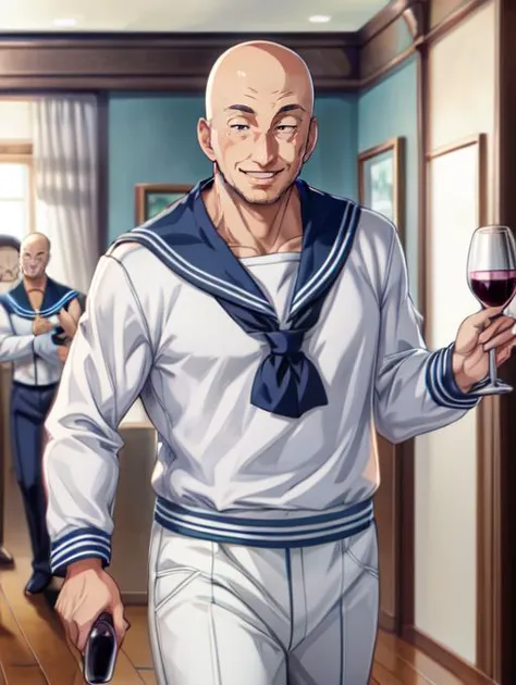 anime character holding a glass of wine in a hallway