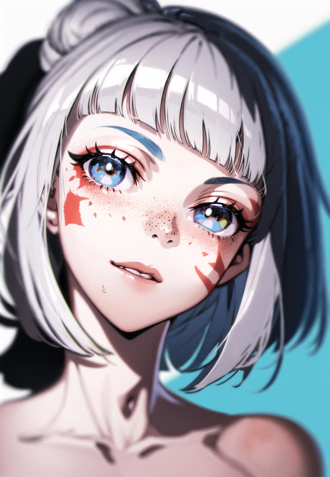 A close up of a woman with a white hair and blue eyes - SeaArt AI