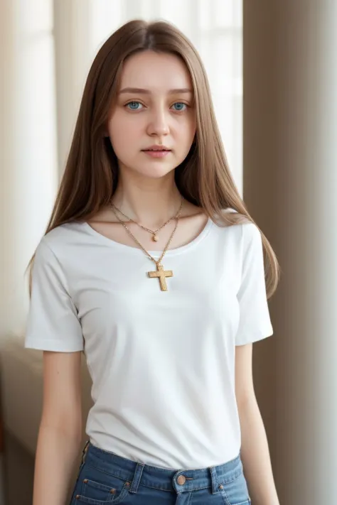 <lora:anna_vlasova_obj20:0.3>, full_body, standing, t-shirt, pants, cross necklace, (anna_vlasova: 1.3), perfect face, (contact ...