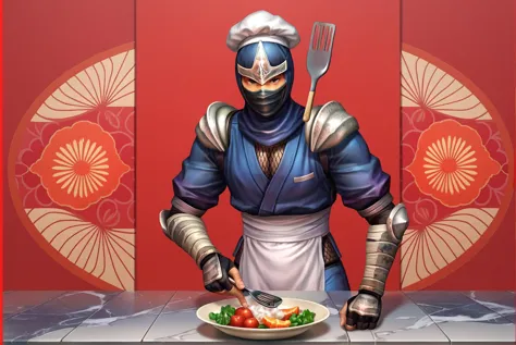 score_9, score_8_up, score_7_up, score_6_up, Detailed Background, BREAK
 <lora:Hanzo_Hattori_Samurai_Warriors:0.7>, hanz0, 1boy, mask, helmet, male focus, ninja, armor, BREAK
 chef hat, kitchen, white apron, holding spatula,