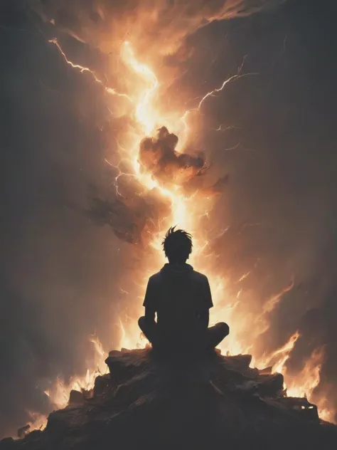 letitbrn, illustration , silhouette of a person sitting on a cliff with back turned is watching the world burn, intricate lightn...