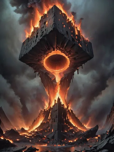 (otclillsn:1.1), hyper realistic, epic scale,  a strange and impossible to solve flame glued to a fast bursting dimensional portal moving gravitation tilted 454.78 degree (upside down:1.3) coal skewed fortress, baffling  (optical illusion:1.4) disorienting angle, surreal , threatening, eerie, uncanny, warzone, nighttime, glow,   letitbrn, <lora:- SDXL - otclillsn_impossible_geo_V1.0:1>, <lora:- SDXL - letitbrn_let_it_burn_V1.0:0.5>