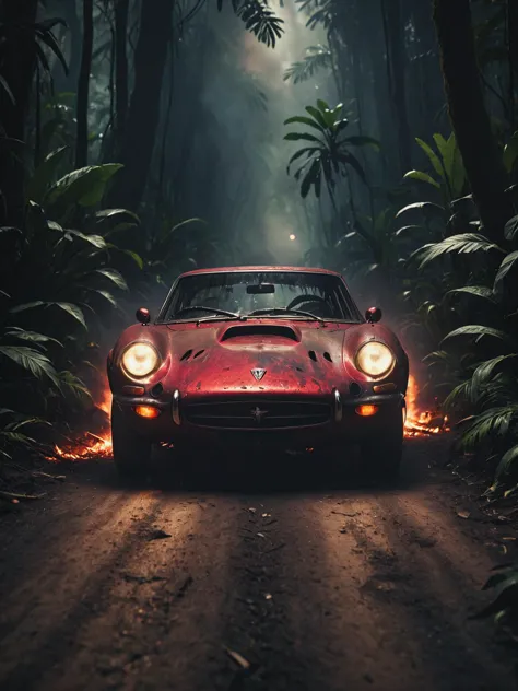 letitbrn, a car race in a jungle path, red racing car with headlights illuminate the road, charred and burning jungle, desolatio...