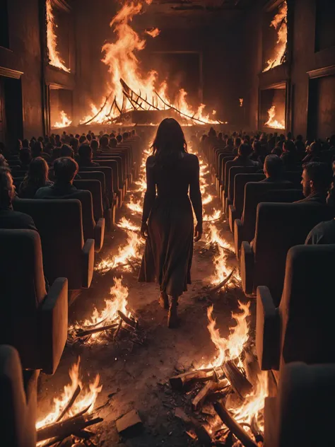 letitbrn, charred and burning theater, people watching movie, horror, joy, desolation, dark, cinematic, global illumination,  <l...