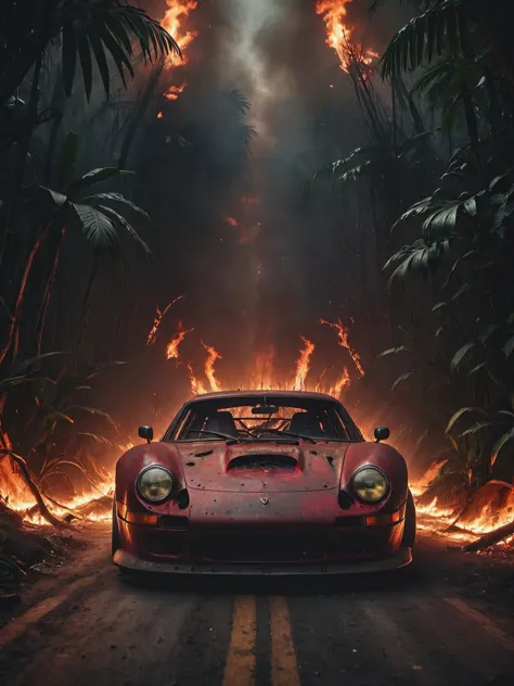 letitbrn, a car race in a jungle road, red racecar, lights on, charred and burning jungle, desolation, dark, cinematic, global i...