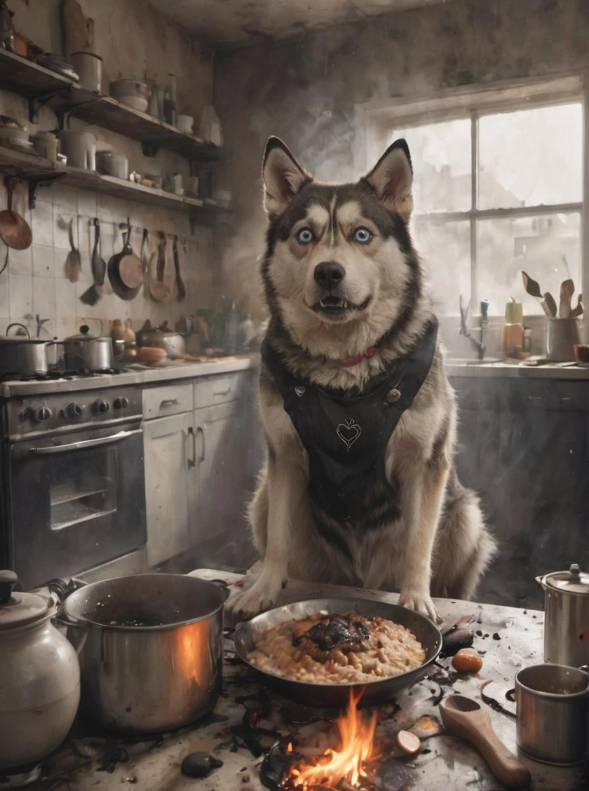 letitbrn, eine Wiedergabe von einem (verdutzt:1.1) Husky bedeckt in (Ruß:1.3) trägt eine Schürze und er hat eine (verwirrt:1.4) (Ausdruck:1.1) vor schmutzigem Geschirr und kocht mit seinen plumpen Pfoten Hundefutter, während der, (Essen ist verkohlt und raucht:1.2), (verkohltes Fell:1.3), Flammen,  ausführlich, hohe Auflösung, Konzeptkunst, Öl keuchend, digital art, filmisch, dramatisches Licht, Geringe Sättigung, zurückhaltend, Kriegsfotografie, 