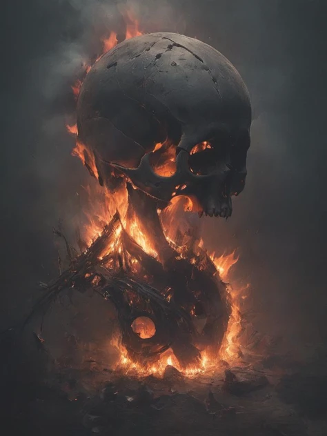 letitbrn, illustration , a dark and charred burning skull, intricate light, dark, desolation,  glow, high gamma, composition,  global illumination, charred, flames, 