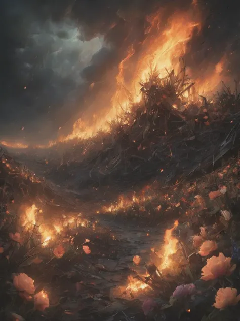 letitbrn, illustration , a devastated and burning field of flowers with flaming pedals scattering in a storm, intricate ligh, da...