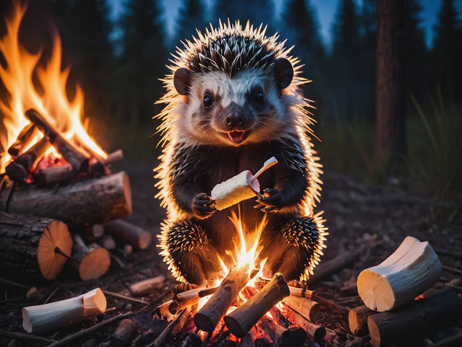 letitbrn, porco-espinho sentado ao redor da fogueira assando marshmallows no fogo, 