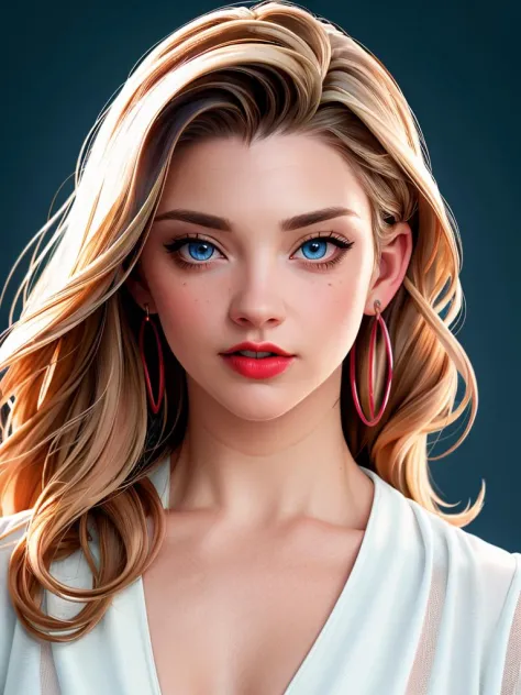 Realistic photo of a beautiful n4t4l13d woman, 1girl, solo, long hair, looking at viewer, blue eyes, blonde hair, simple background, jewelry, earrings, parted lips, teeth, mole, lips, mole under eye, makeup, lipstick, portrait, realistic, red lips, soft lighting, professional Photography, Photorealistic, detailed, RAW, analog, sharp focus, 8k, HD, high quality, masterpiece