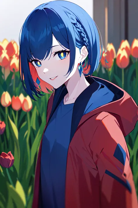 anime girl with blue hair and blue eyes standing in a field of flowers