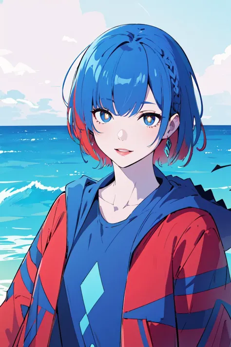 a close up of a person with blue hair standing on a beach