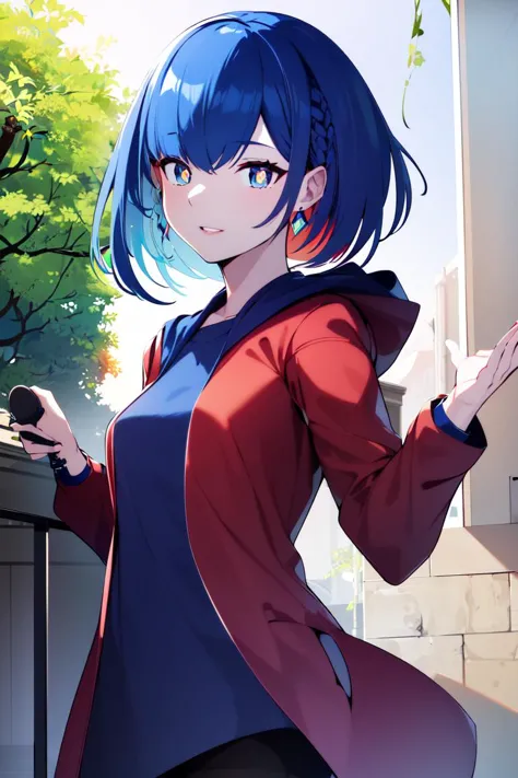 anime girl with blue hair and blue eyes in a red jacket