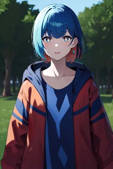 masterpiece, best quality, highres, rim, multicolored eyes, yellow pupils, jewelry, earrings, jacket, (blue hair:1.3), braid, colored inner hair, red inner hair, open jacket, shirt, short hair, open clothes, hood, long sleeves, red jacket, blue shirt, bangs, parted lips, hooded jacket, yellow eyes, gradient eyes, blue eyes,  <lora:RIMLoha_v2:0.7>, outdoors, filed, grass, cowboy shot,