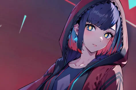 anime girl with red hoodie and black top standing in front of a red background