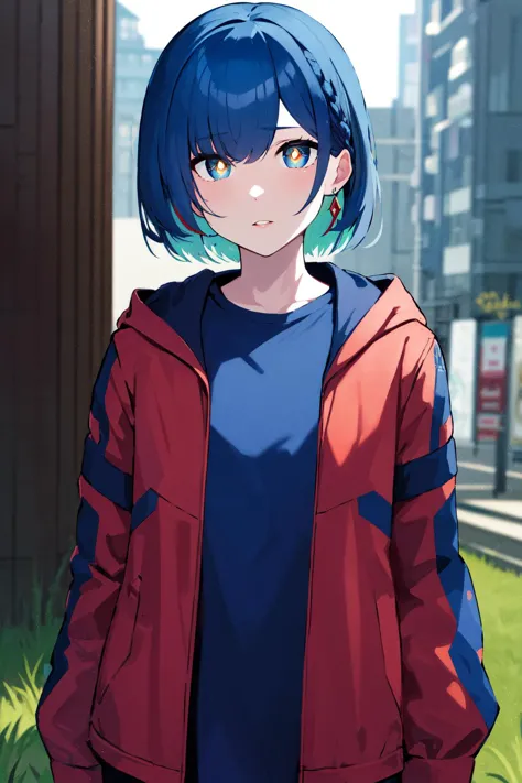 a close up of a person wearing a red jacket and blue hair