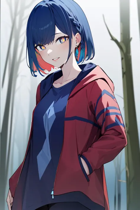 a close up of a person in a red jacket and blue hair